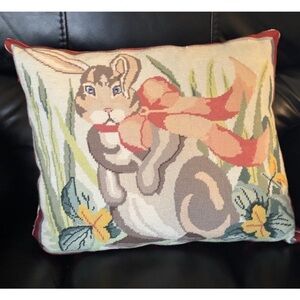 Bunny Rabbit Needlepoint Throw Pillow Vintage Cottagecore Easter Spring